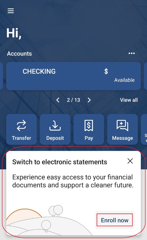 mobile banking dashboard screen with cirled in red eDocuments prompt